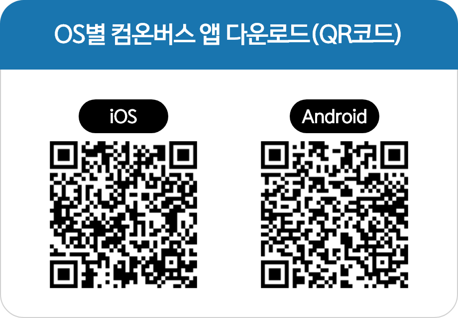 OS별 컴온버스 앱 다운로드(QR코드) iOS Android