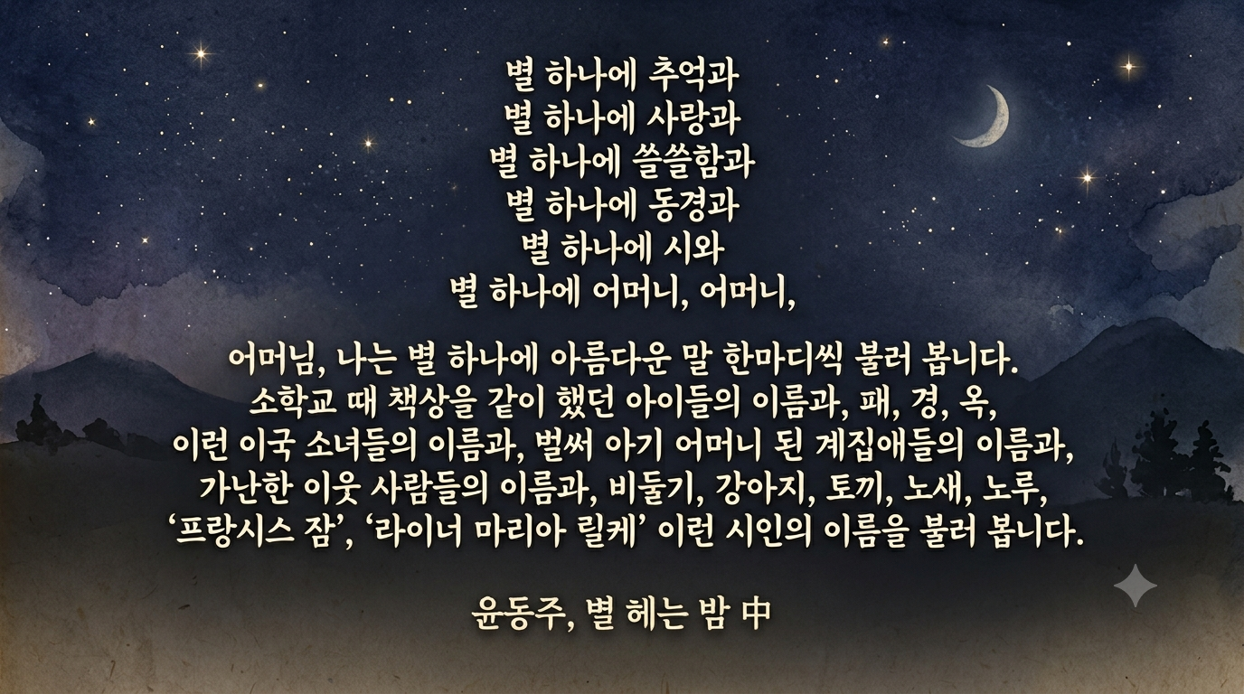밤하늘과 산 실루엣을 배경으로 윤동주의 시 '별 헤는 밤' 일부를 담은 이미지. 초승달과 별빛이 어우러진 남색 하늘 아래, 